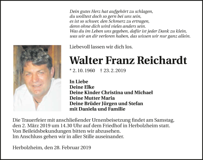  Traueranzeige für Walter Franz Reichardt vom 28.02.2019 aus 