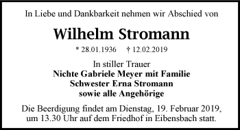 Traueranzeige von Wilhelm Stromann 