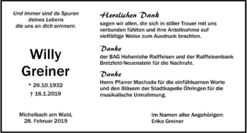 Traueranzeige von Willy Greiner 