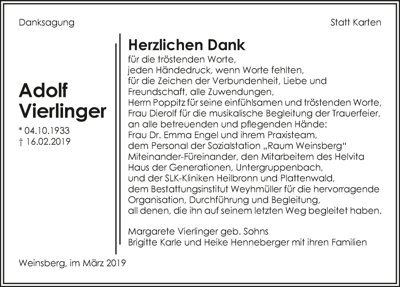  Traueranzeige für Adolf Vierlinger vom 09.03.2019 aus 