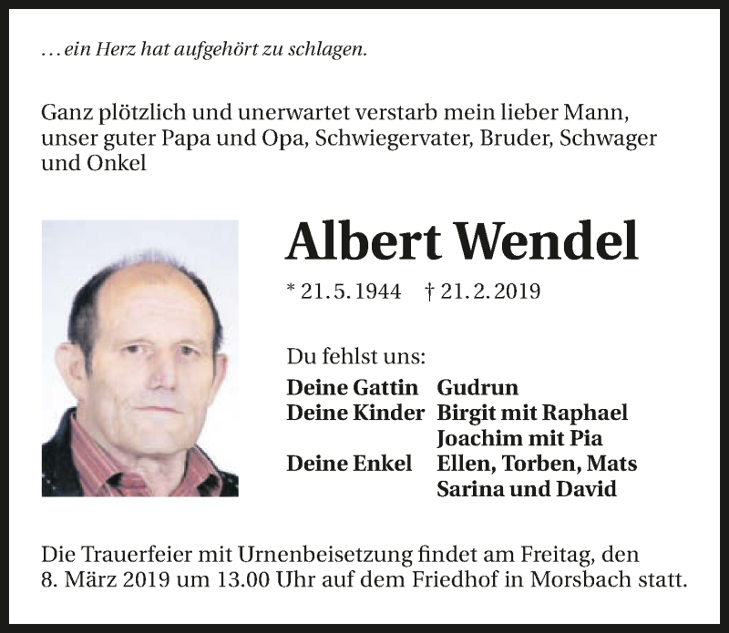  Traueranzeige für Albert Wendel vom 02.03.2019 aus 