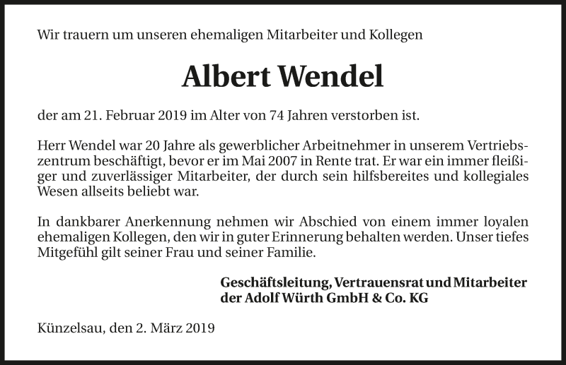  Traueranzeige für Albert Wendel vom 02.03.2019 aus 