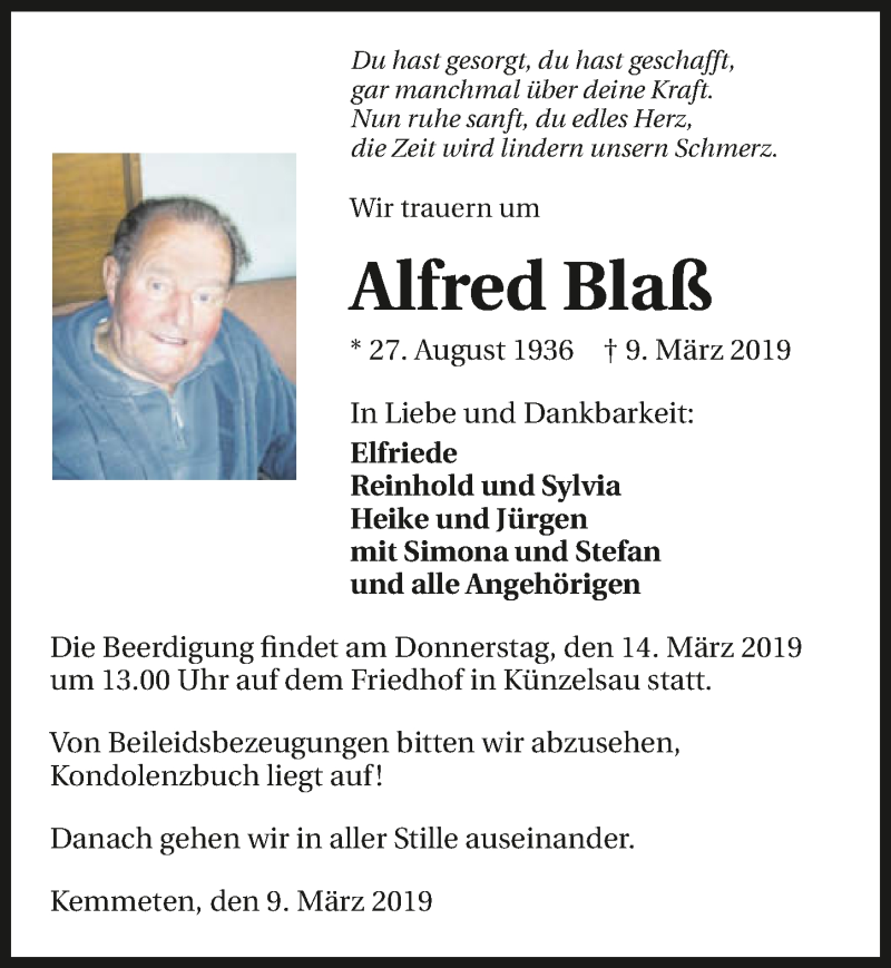  Traueranzeige für Alfred Blaß vom 12.03.2019 aus 