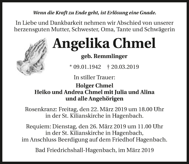  Traueranzeige für Angelika Chmel vom 22.03.2019 aus 