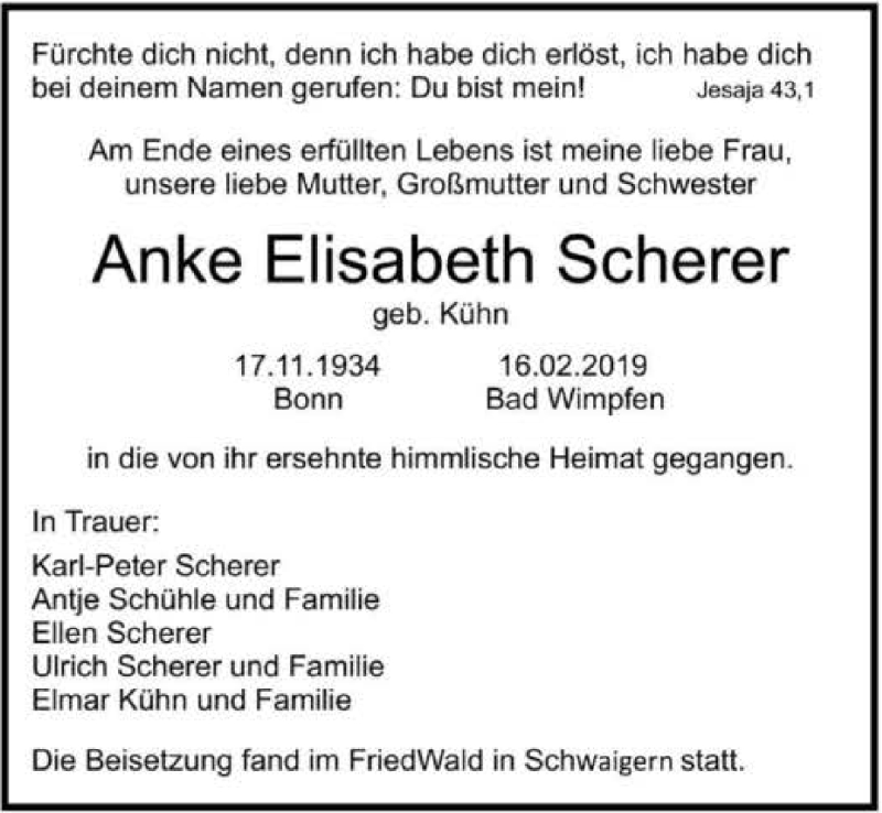  Traueranzeige für Anke Elisabeth Scherer vom 09.03.2019 aus 