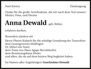Traueranzeige von Anna Dewald 