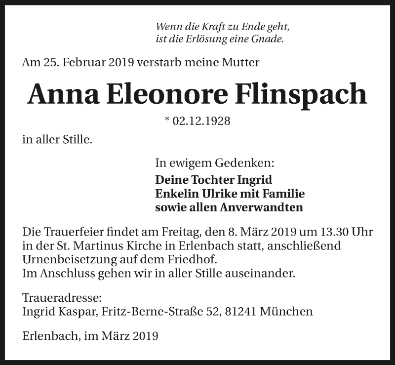  Traueranzeige für Anna Eleonore Flinspach vom 06.03.2019 aus 