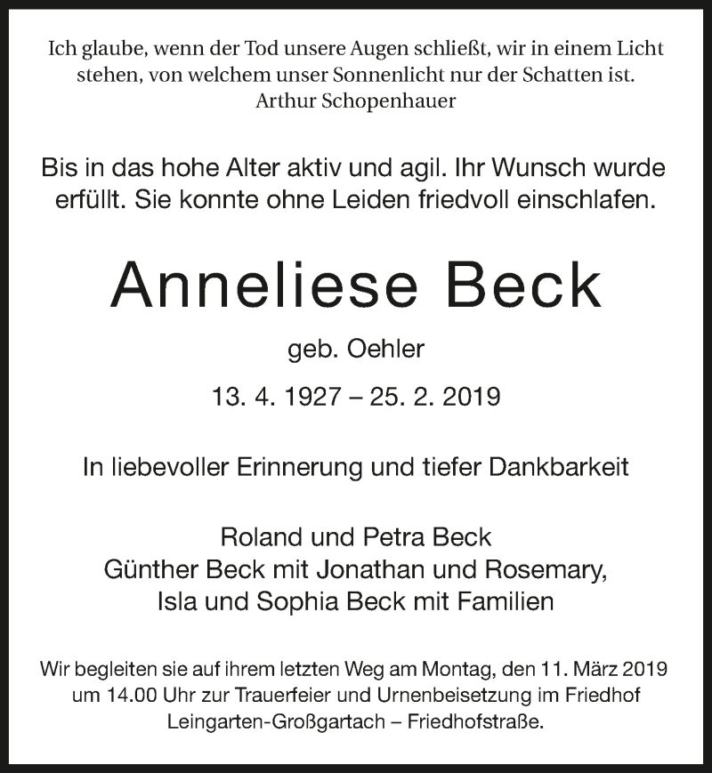Traueranzeigen von Anneliese Beck | www.trauerundgedenken.de