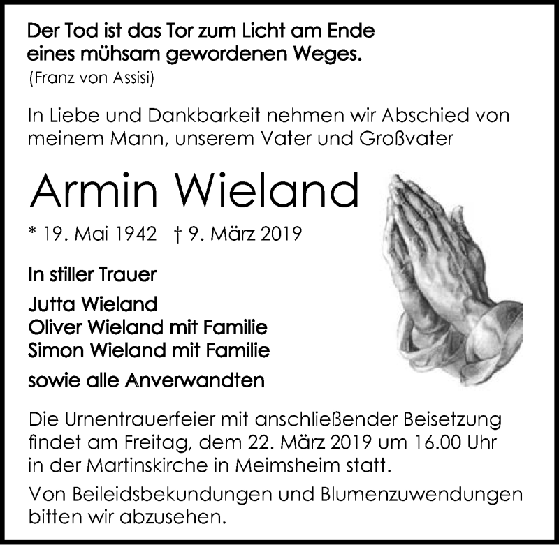  Traueranzeige für Armin Wieland vom 16.03.2019 aus 