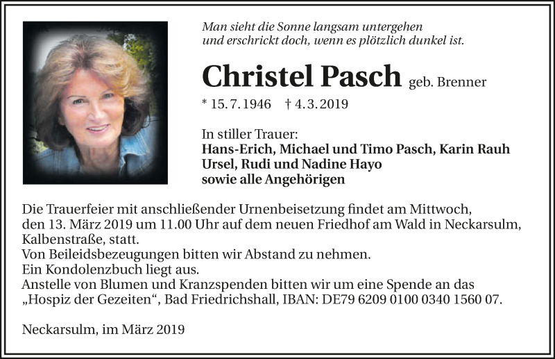  Traueranzeige für Christel Pasch vom 09.03.2019 aus 