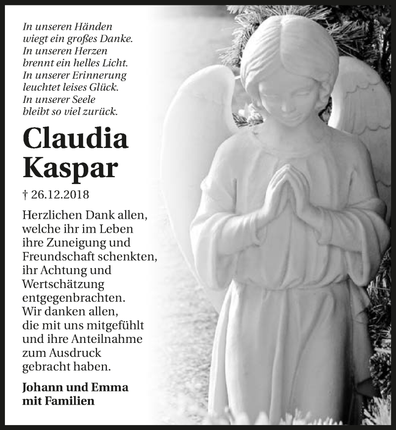  Traueranzeige für Claudia Kaspar vom 16.03.2019 aus 