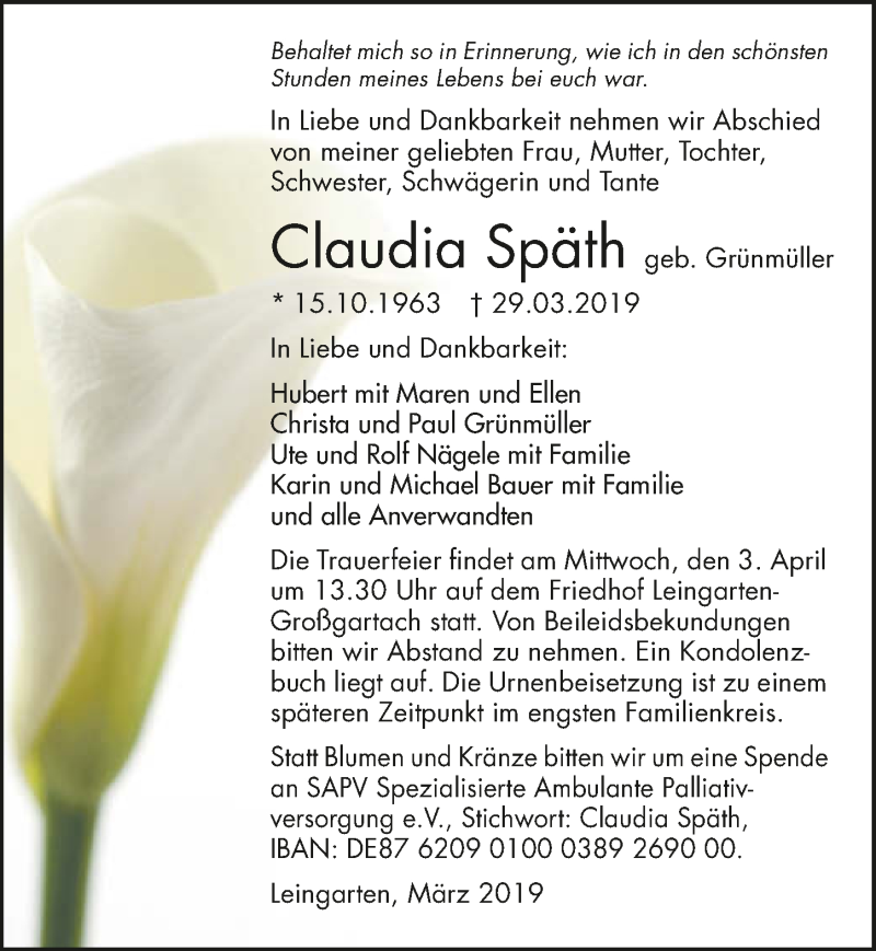  Traueranzeige für Claudia Späth vom 30.03.2019 aus 