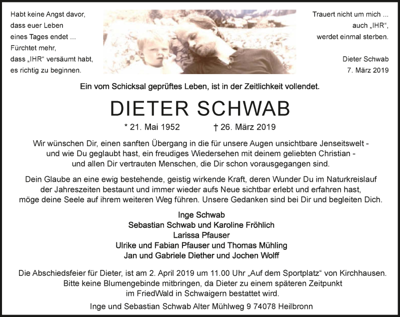  Traueranzeige für Dieter Schwab vom 30.03.2019 aus 