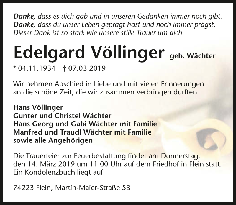  Traueranzeige für Edelgard Völlinger vom 11.03.2019 aus 