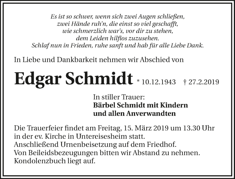  Traueranzeige für Edgar Schmidt vom 09.03.2019 aus 