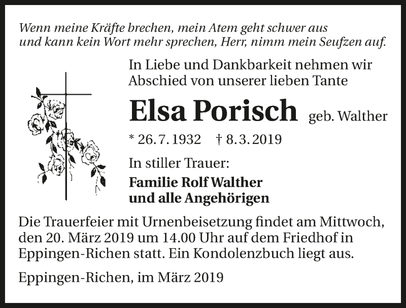  Traueranzeige für Elsa Porisch vom 18.03.2019 aus 