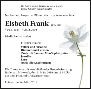 Traueranzeige von Elsbeth Frank 
