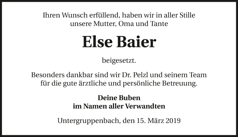  Traueranzeige für Else Baier vom 15.03.2019 aus 