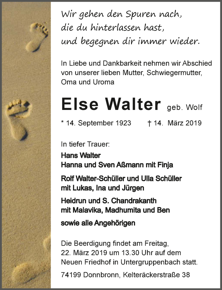  Traueranzeige für Else Walter vom 16.03.2019 aus 