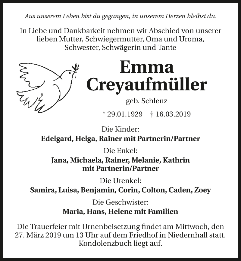  Traueranzeige für Emma Creyaufmüller vom 21.03.2019 aus 