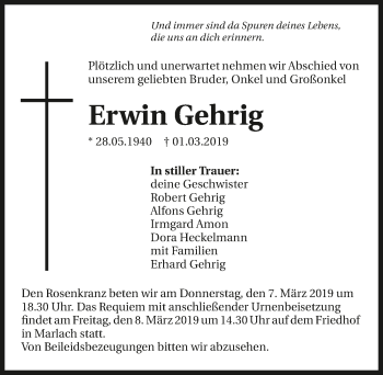 Traueranzeige von Erwin Gehrig 