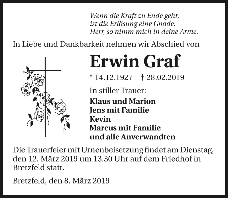  Traueranzeige für Erwin Graf vom 08.03.2019 aus 