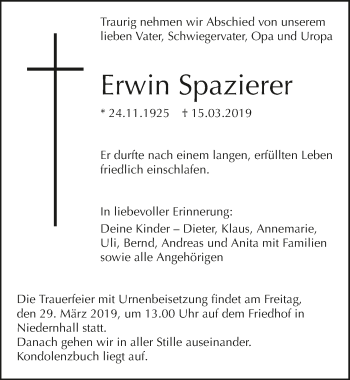 Traueranzeige von Erwin Spazierer 