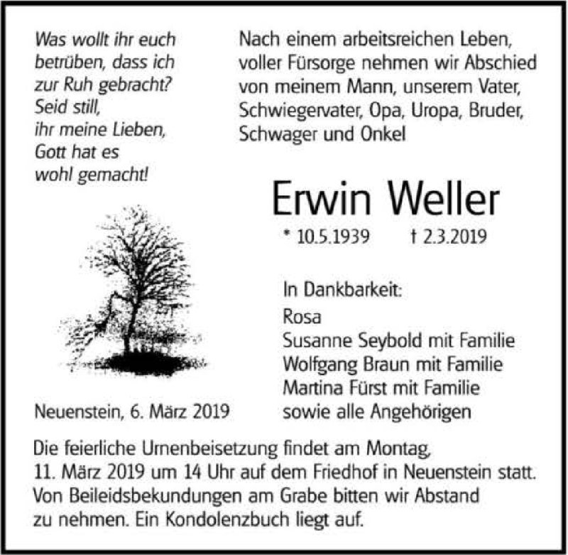  Traueranzeige für Erwin Weller vom 06.03.2019 aus 
