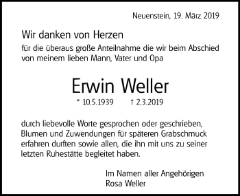 Traueranzeige von Erwin Weller 
