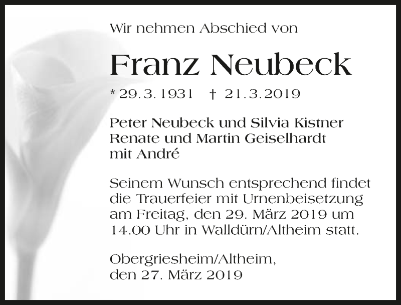  Traueranzeige für Franz Neubeck vom 27.03.2019 aus 