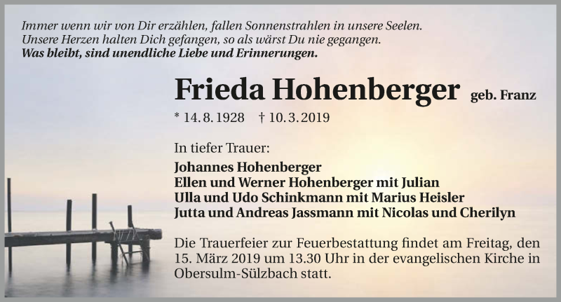  Traueranzeige für Frieda Hohenberger vom 13.03.2019 aus 