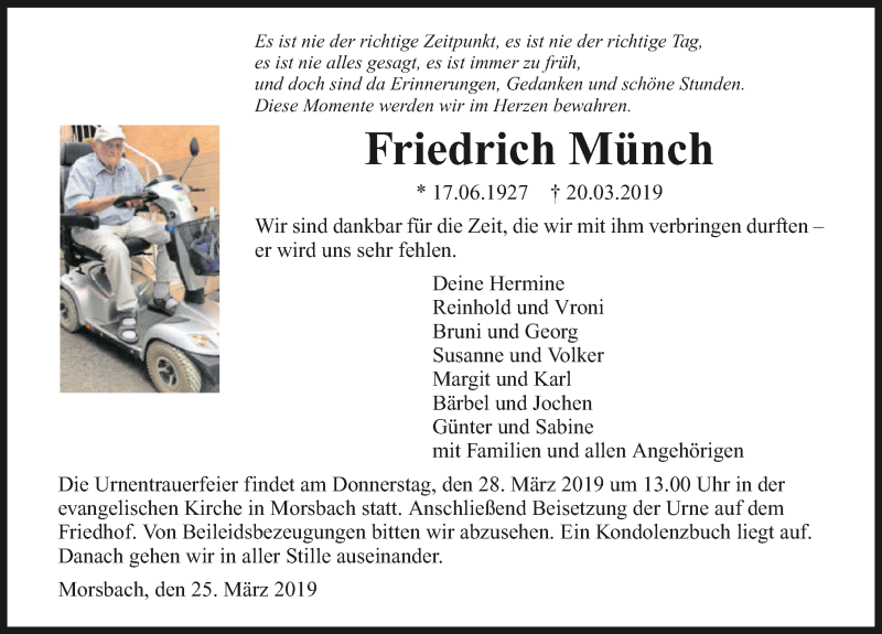 Traueranzeige für Friedrich Münch vom 25.03.2019 aus 