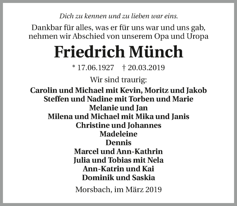  Traueranzeige für Friedrich Münch vom 25.03.2019 aus 