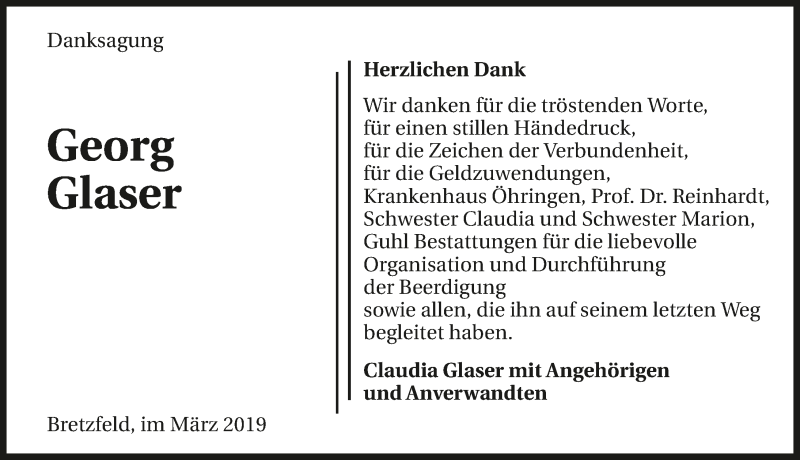  Traueranzeige für Georg Glaser vom 02.03.2019 aus 