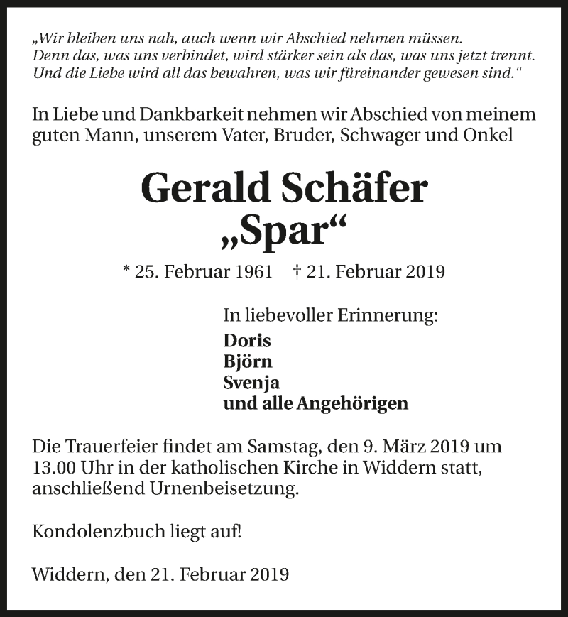  Traueranzeige für Gerald Schäfer vom 06.03.2019 aus 