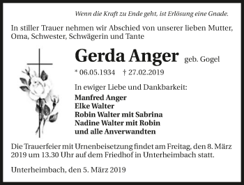 Traueranzeige von Gerda Anger 