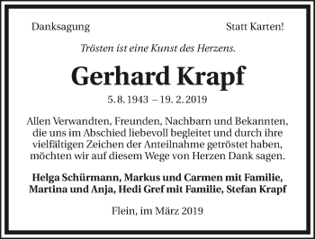 Traueranzeige von Gerhard Krapf 