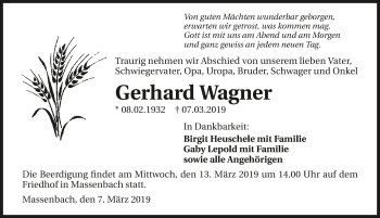 Traueranzeige von Gerhard Wagner 