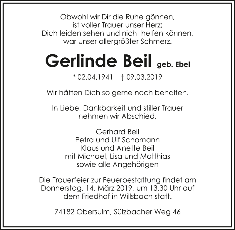  Traueranzeige für Gerlinde Beil vom 12.03.2019 aus 