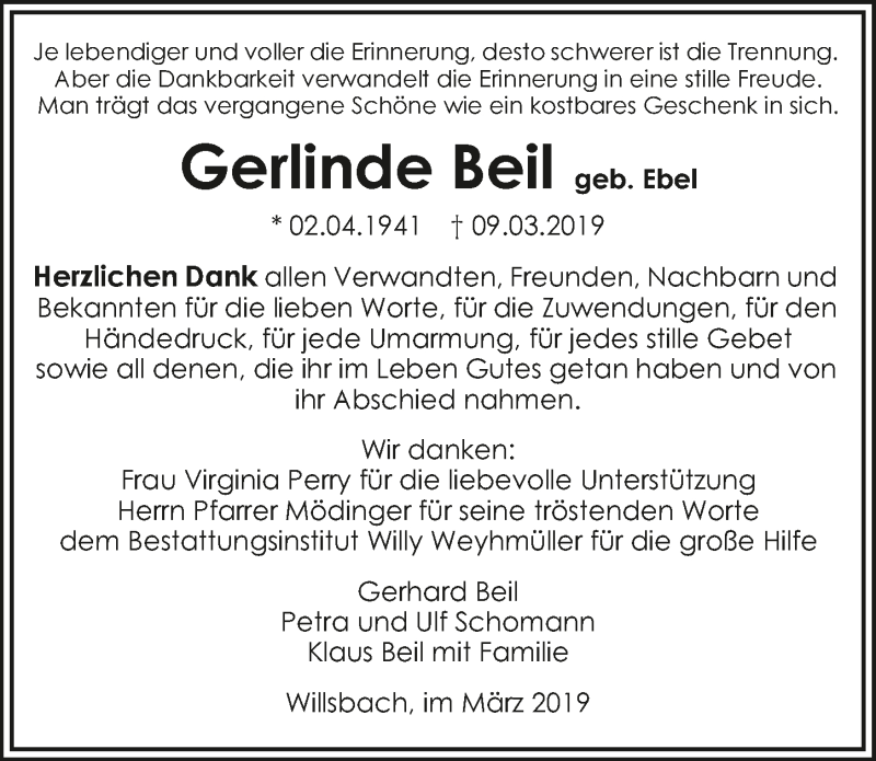  Traueranzeige für Gerlinde Beil vom 23.03.2019 aus 