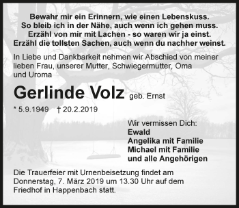 Traueranzeige von Gerlinde Volz 
