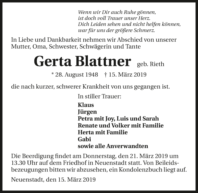  Traueranzeige für Gerta Blattner vom 19.03.2019 aus 