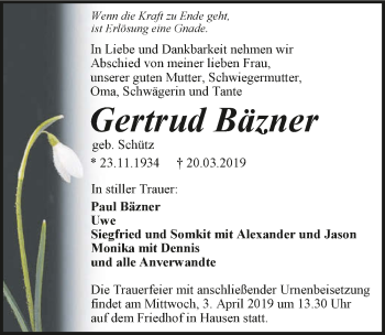 Traueranzeige von Gertrud Bäzner 