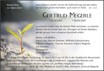 Traueranzeige von Gertrud Megerle 