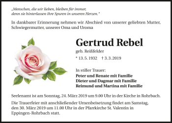 Traueranzeige von Gertrud Rebel 