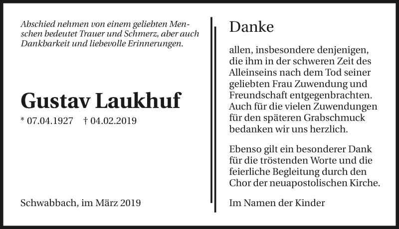  Traueranzeige für Gustav Laukhuf vom 07.03.2019 aus 
