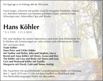 Traueranzeige von Hans Köhler 