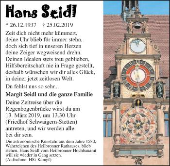Traueranzeige von Hans Seidl 