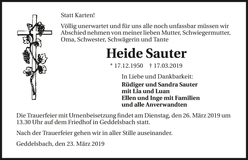  Traueranzeige für Heide Sauter vom 23.03.2019 aus 