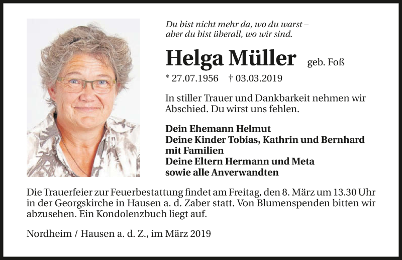  Traueranzeige für Helga Müller vom 05.03.2019 aus 